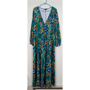 Eloquii sz 20 Faux Wrap Maxi length Dress green floral print slinky ls 1554